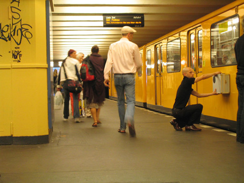 Image of the placement of Parasite on the side of a Berlin subway train, from the artists’ web site (http://www.digital.udk-berlin.de/de/projects/summer05/main/freeproject/trains.html)